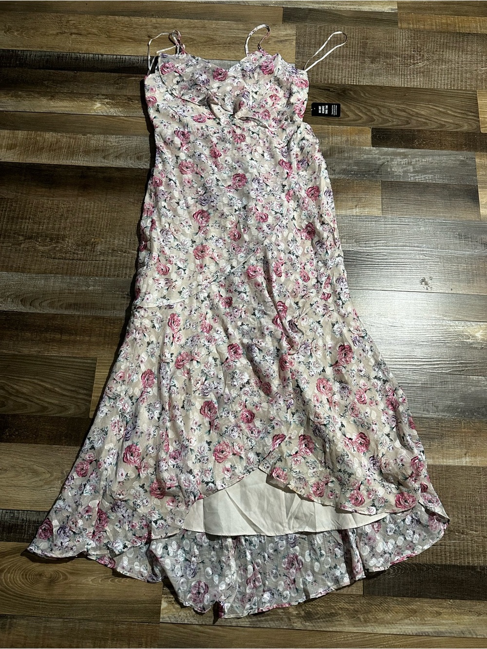 Express Cream Spaghetti Strap Dress with Pink Floral Print Hi Lo Size Small